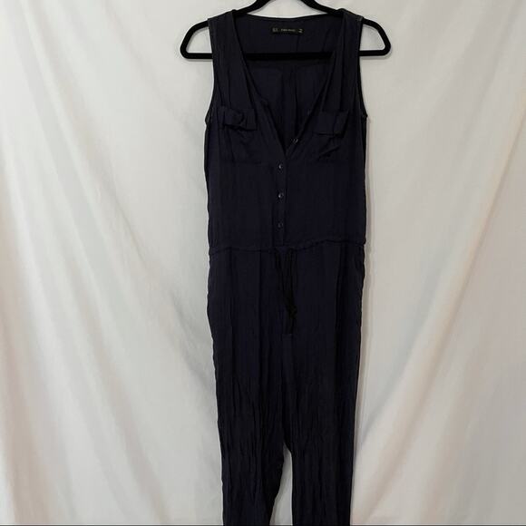 Zara Blue Sleeveless Button Cinch Waist Jumpsuit Womens M Pocket Casual Spring - Picture 5 of 9